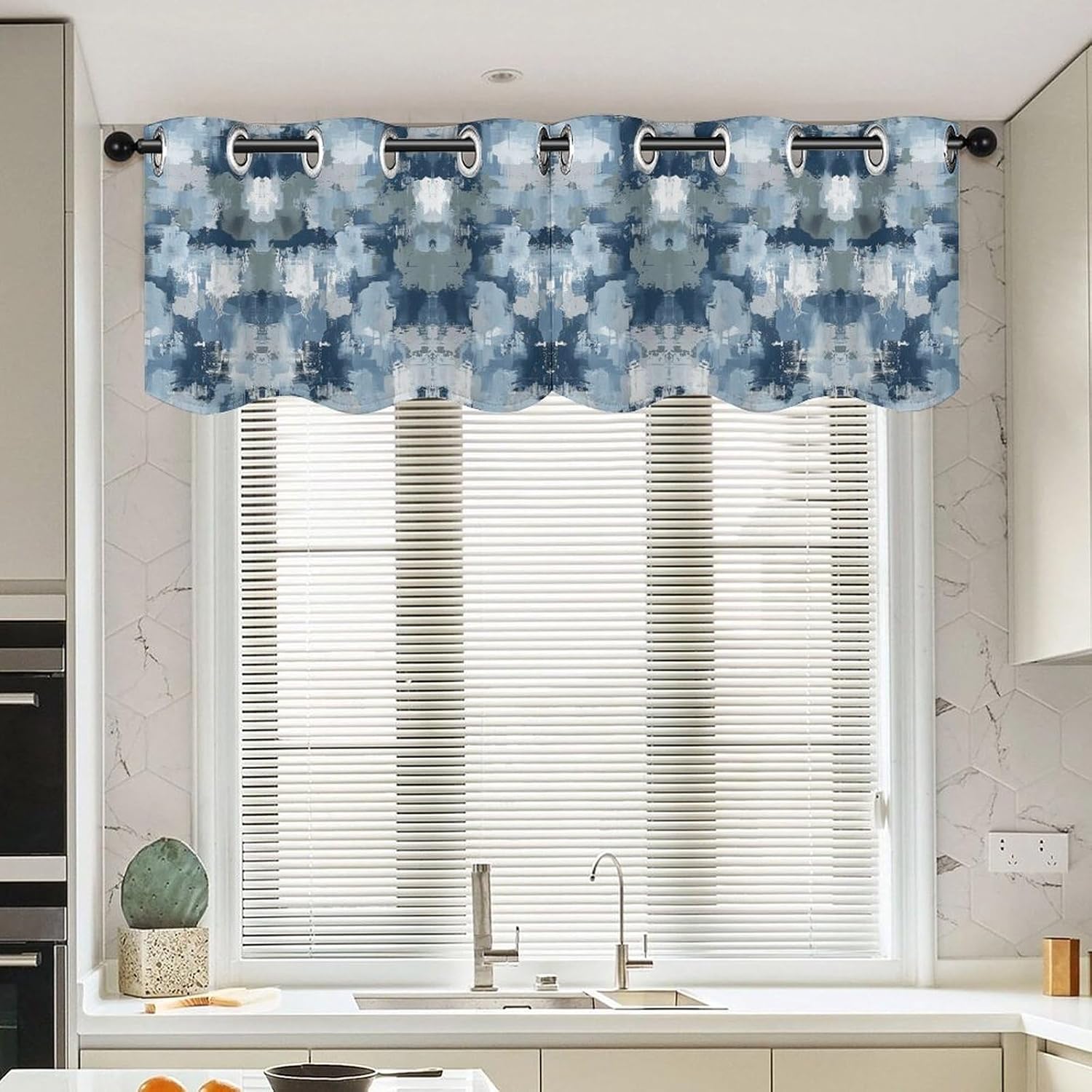 Small Window Curtains, Blue and Gray Pattern Printed Mini Window Curtains Valance, Pocket Window Curtains are Suitable for Homes, Offices, Farmhouses, and Restaurants