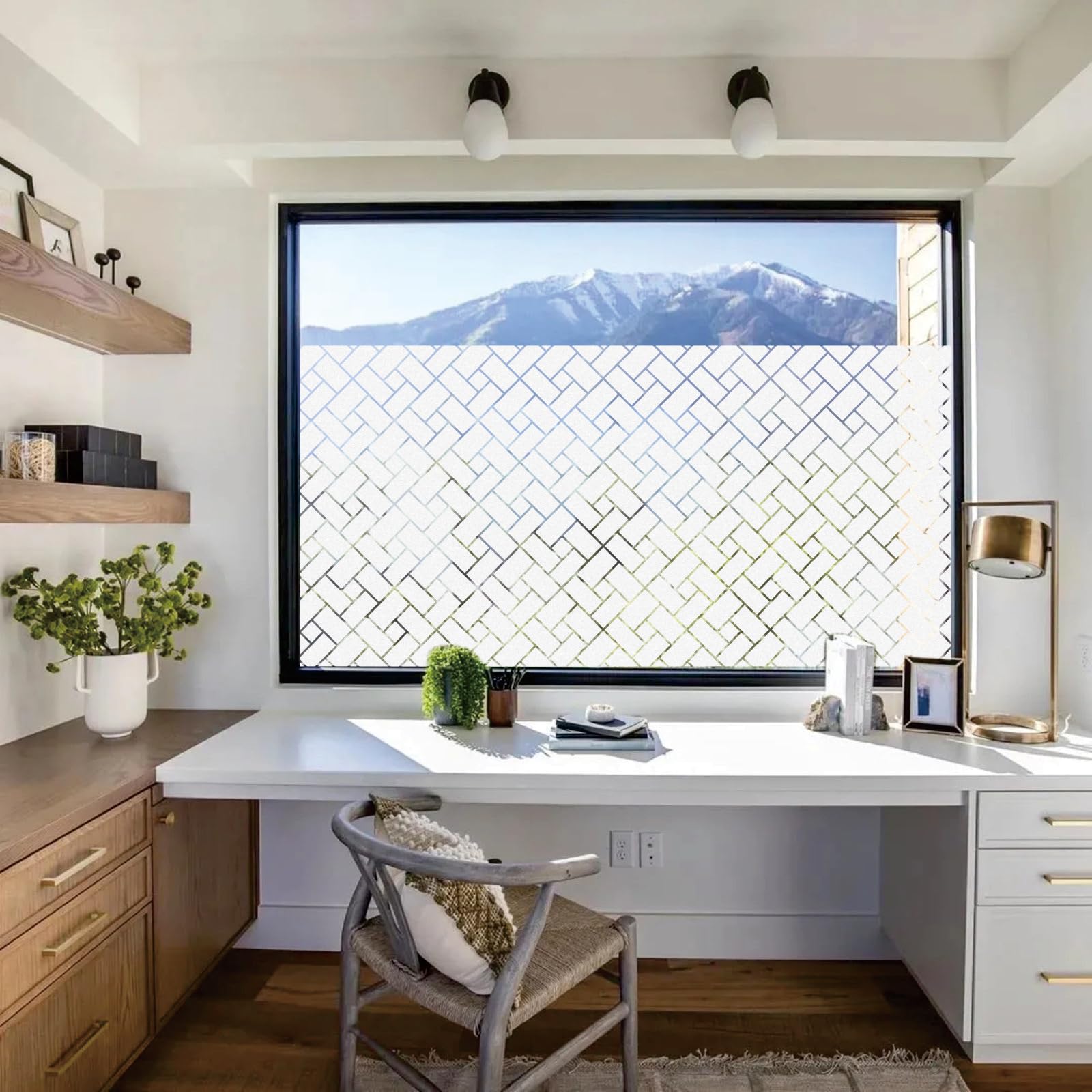 Privacy Window Film 35 x 180 cm Blocks UV Static Cling No Glue Removable Heat Cotrol, Privacy Protection, Opaque Frosting Cover, Frosted Window Films for Bathroom, Oblique Grid