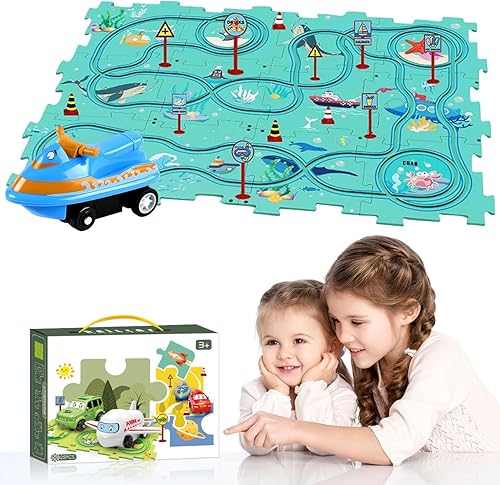 Carrito eléctrico de ensamblaje de bricolaje, nueva actualización 2024 juego de pista de rompecabezas para niños con vehículos, juguetes de