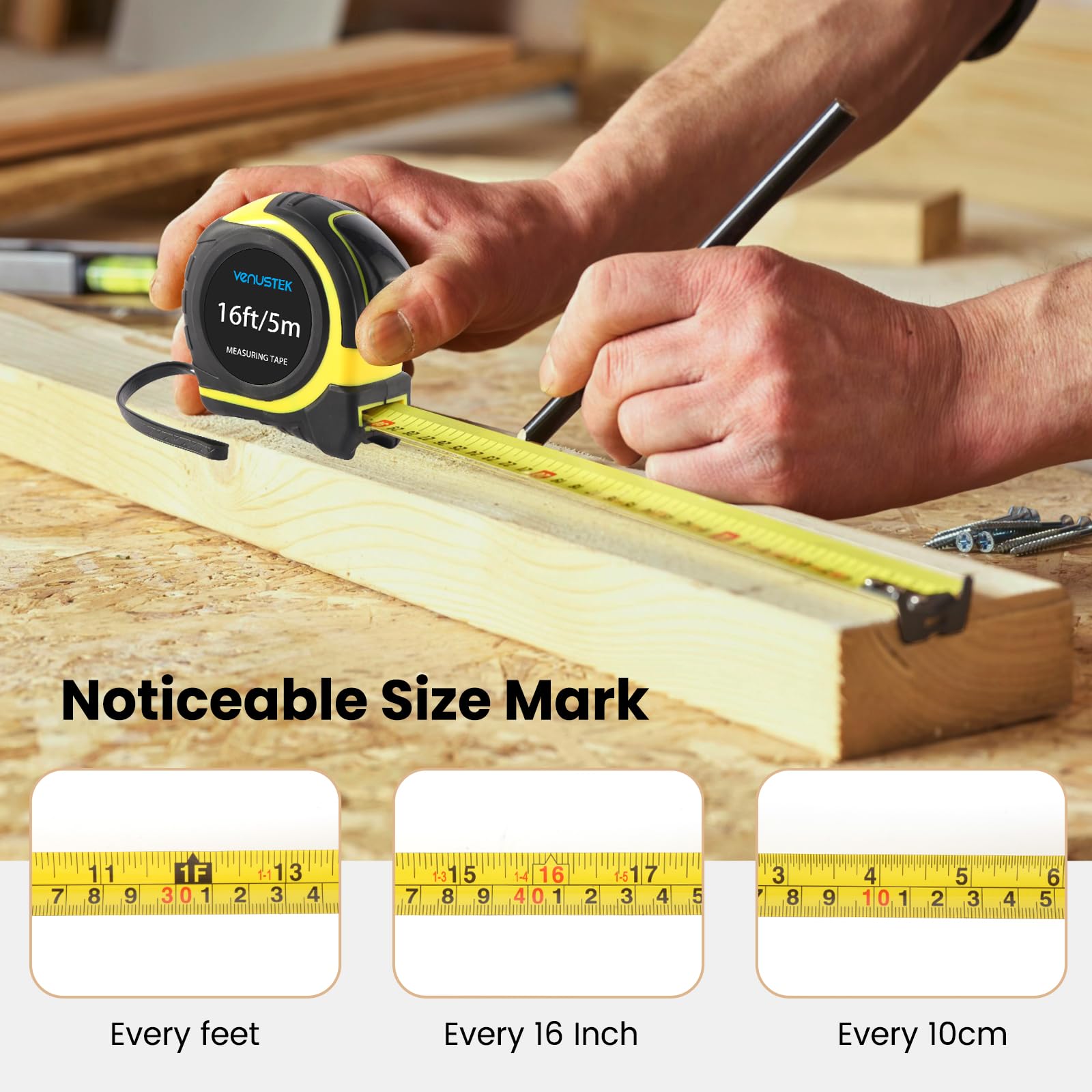 VENUSTEK Retractable Tape Measure 8m 26Ft,Professional Measuring Tape with Metal Belt Clip & Wide Blade,Metric & Imperial Measurement for home users,renovations,Construction - Image 3