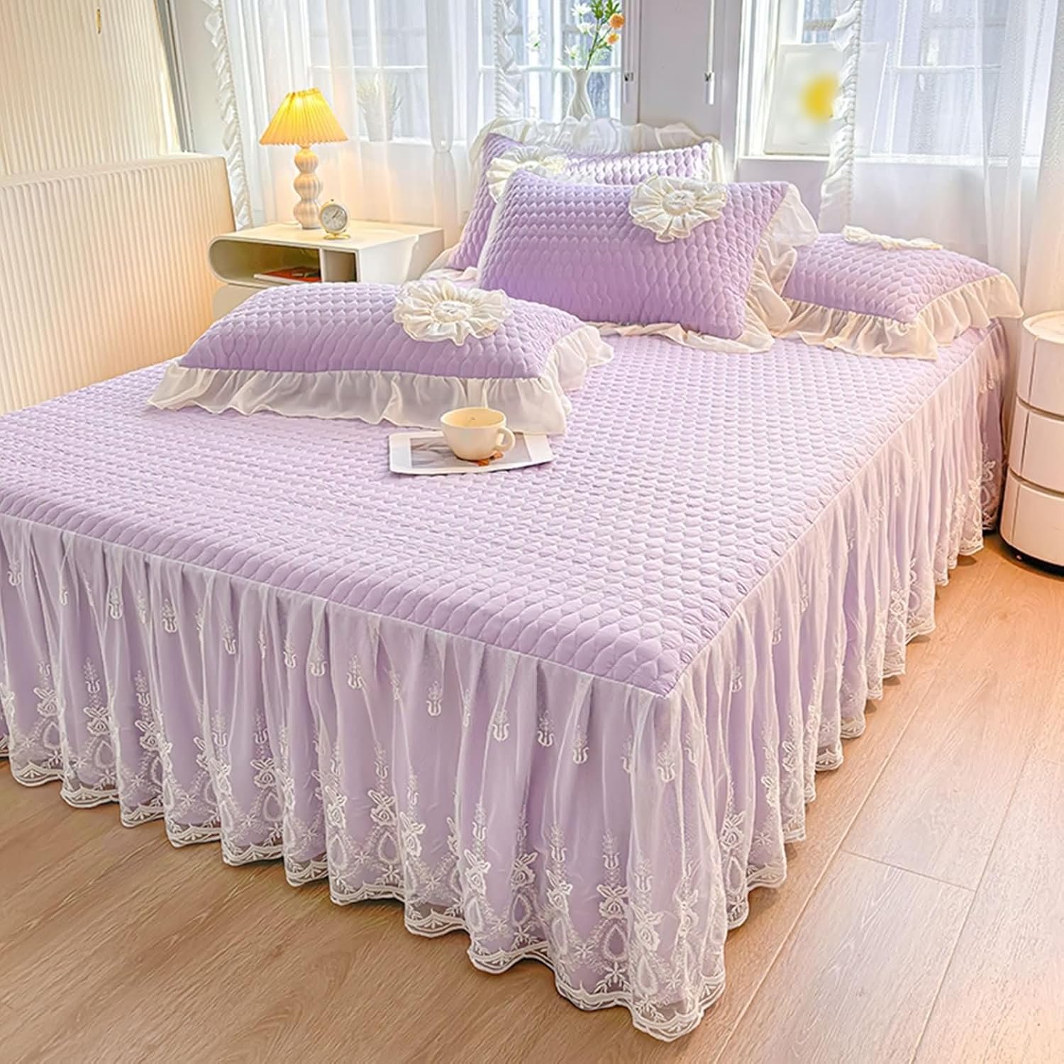 Beydodo Ruffled Bed Skirt 59 x 78 inch, Bed Sheets Light Purple with Embroidered Lace, Polycotton Mattress Protector 150x200cm
