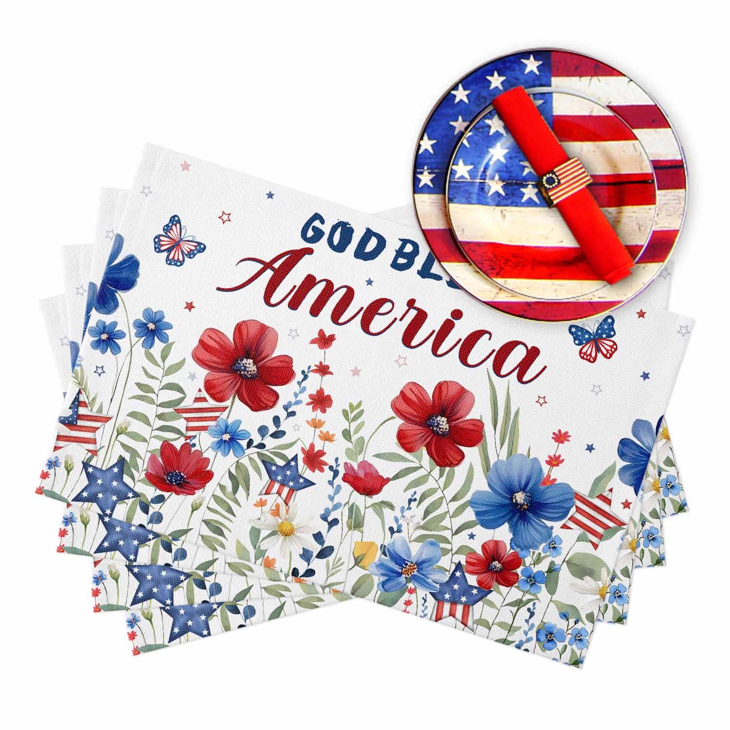 4th of July Placemats Set of 6, God Bless America Placemat for Dining Table Decorations, Cotton Linen Independence Day Place Mats, Red Blue Floral USA