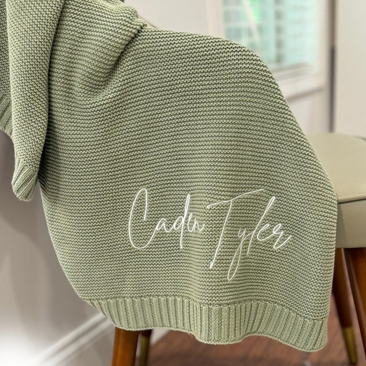 Herstl Bean Green Personalized Embroidered Baby Blanket, Soft Cotton Knitted Stroller Blanket With Name, Breathable Newborn Receiving Blanket, (Bean Green)
