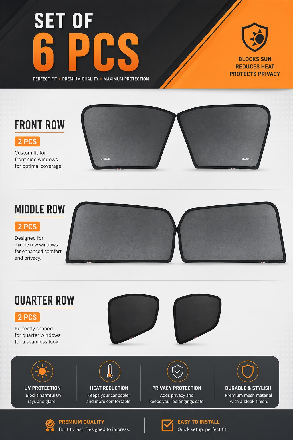 Able Zed Black Half Car Magnetic Sun Shade Curtains for Ford Endeavour Type-II Set of 6 Pcs (2015 to Till Now Model) 1