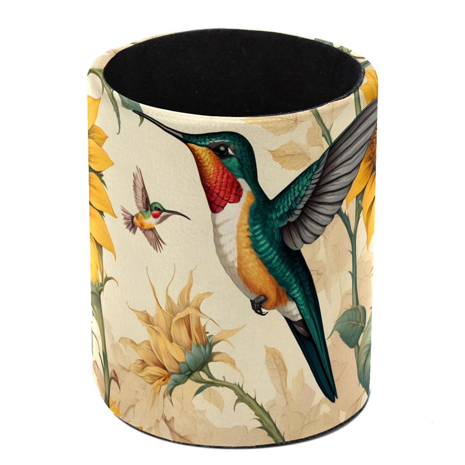 HEOEH Hummingbird Sunflowers Pen Holder for Desk, PU Leather Pencil Holder Pen Cup Marker Holder Makeup Brush Holders, Desk Accessories & Workspace Organizers for Home, Office