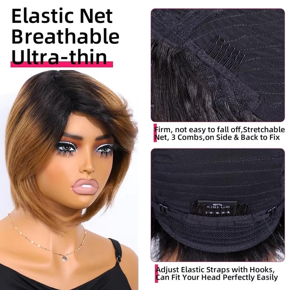 Haarpflege Rote Farbe Leimlose Kurze Gerade Bob-Perücke Mit Knoten 100% Echthaar Für Frauen(5)