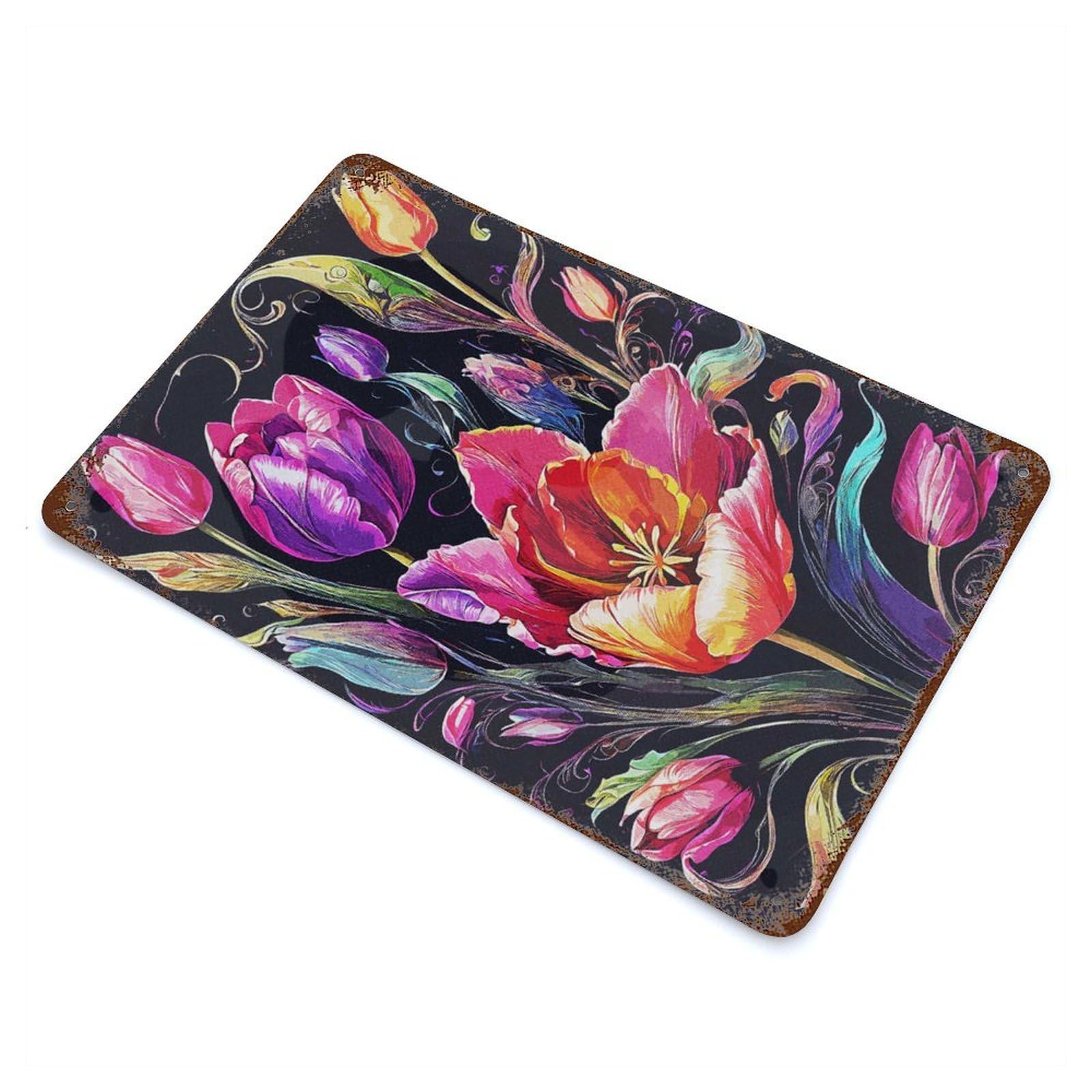Colorful Tulip Weathered Tin Sign 11.8"x7.9", Shabby Chic Decor for Garage, Pub Or Kitchen