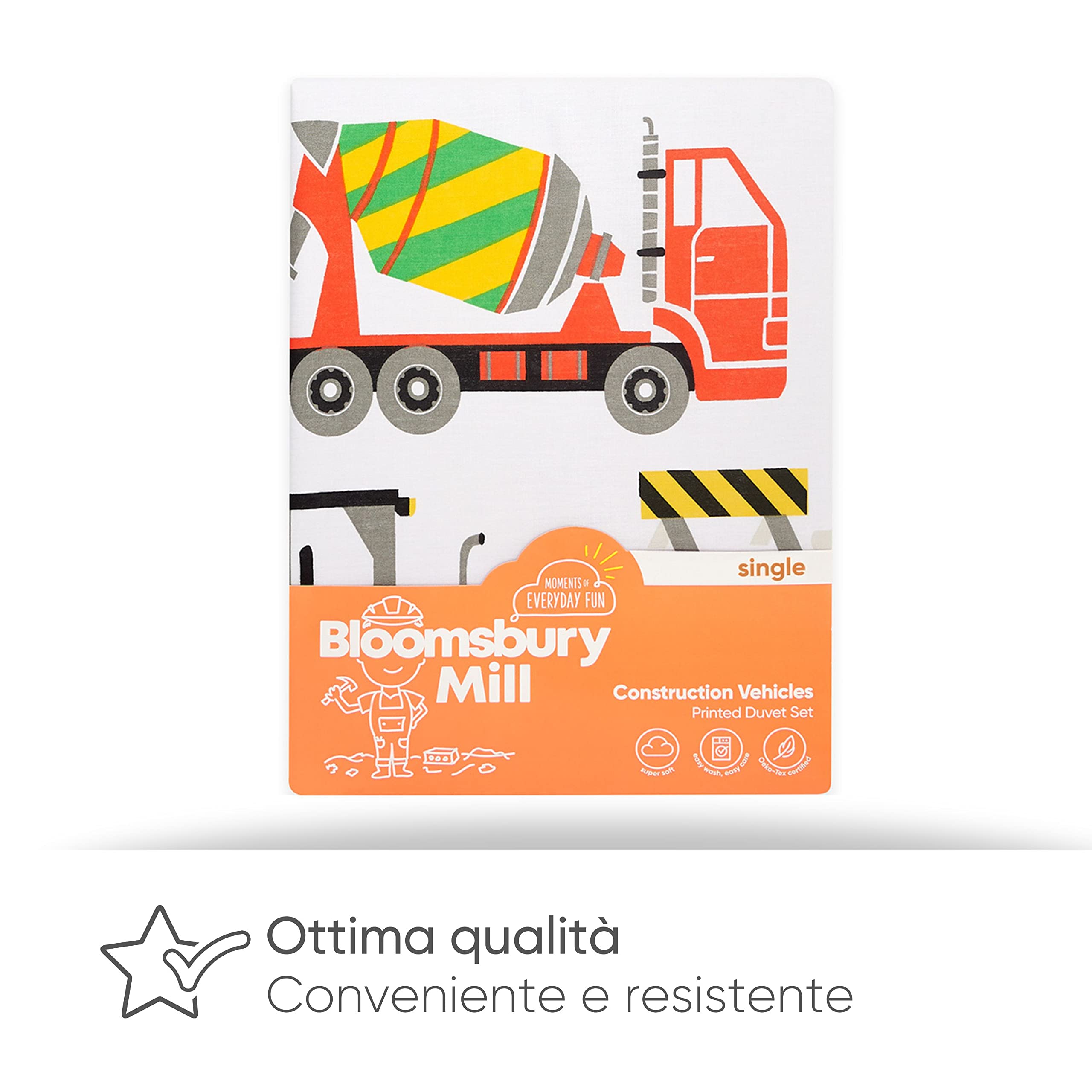 Bloomsbury Mill - Set Copripiumino Singolo Bambino e Bambina - Escavatrici, Camion e Gru - Lenzuola Letto Singolo Reversibile - Set di Biancheria da Letto per Bambini - 135x200cm e Federe