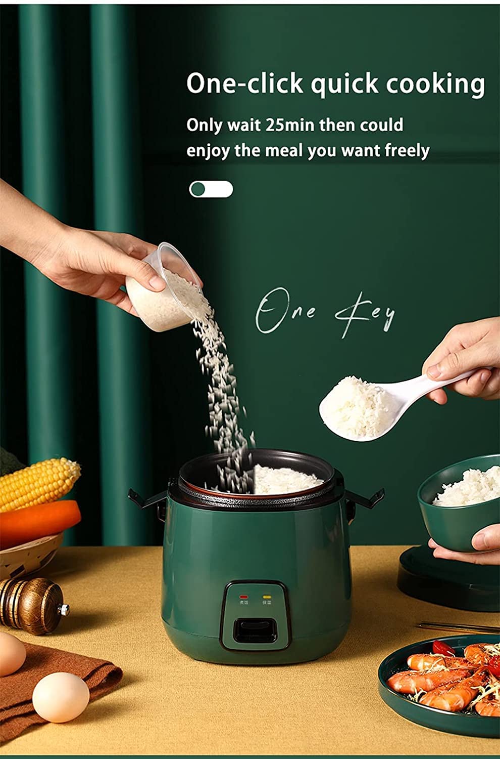 Mini cuociriso Elettrico con Manico Portatile Cuociriso Verde retrò Completamente Automatico con pentola per Riso Antiaderente Rimovibile, 1,2 Litri