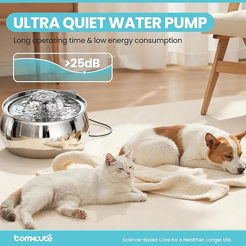 Miniatura 6 de Tomxcute Fuente de agua para gatos, 4.0L135 onzas, diseño de fuente de acero inoxidable, bomba ultrasilenciosa y 3 filtros de repuesto para gatos,