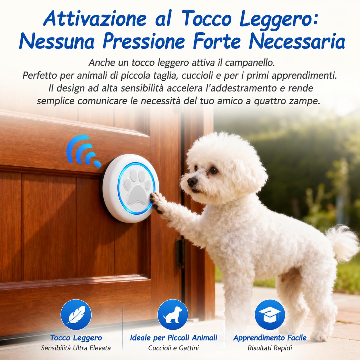 A6 Wt Campanello Intelligente per Cani Senza Fili 300 m – Pulsante per Cani Touch con LED, 60 Melodie, Impermeabile, Sistema di Comunicazione per Animali Domestici (1 campanello e 2 ricevitori)