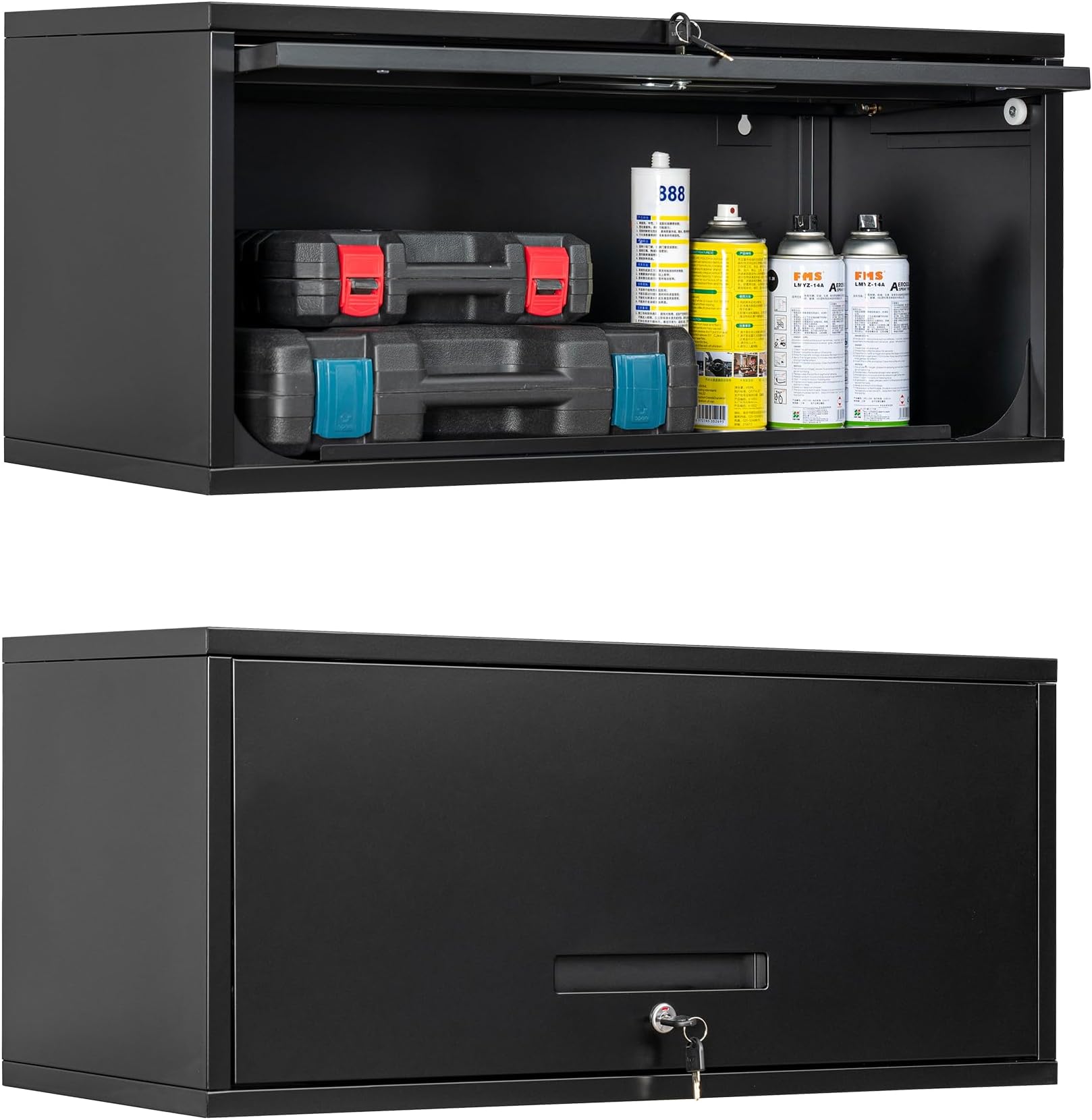 Yizosh Metal Garage Wall Cabinet with Doors, Wall Mounted Metal Storage Cabinet, Floating Garage Tool Cabinet for Garage, Basement, Kitchen, Warehouse (Black, 13.7" H)