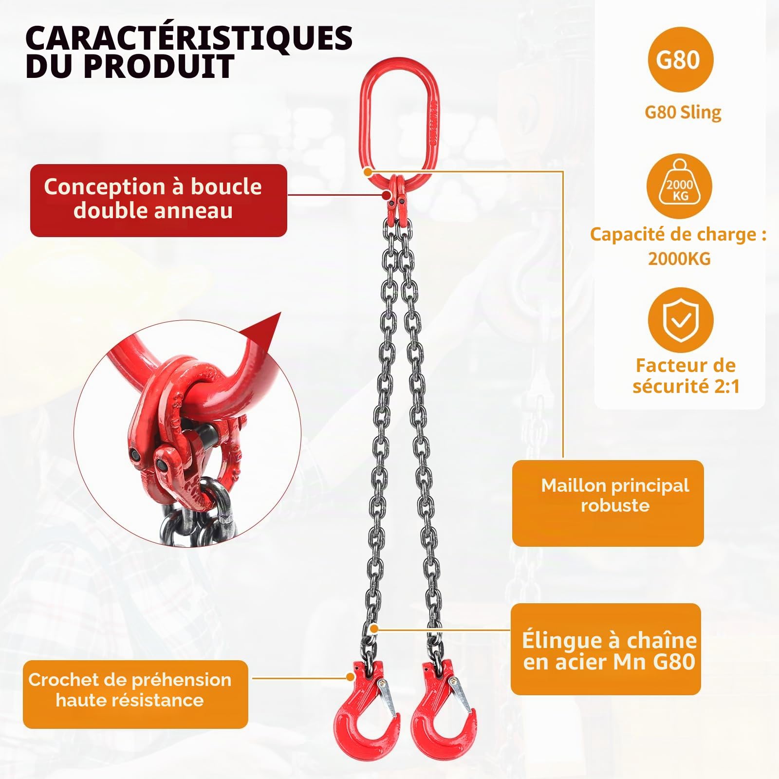 DBREAKS Élingue de Levage 2 Pieds pour Chariot Élévateur - Chaîne en Acier Allié 1m, 8mm, Capacité 2T
