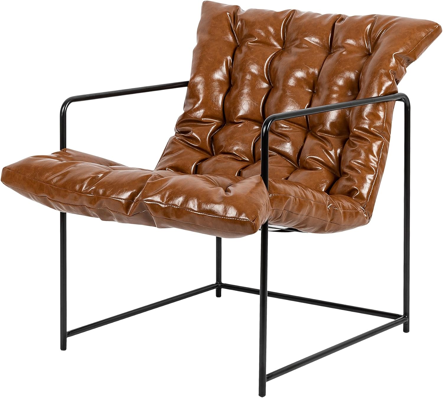 GIA Mid Century Modern Sling Accent Chair for Living Room, Bedroom, and Office, Set of 2, Upholstered in Brown PU Leather with Black Metal Base