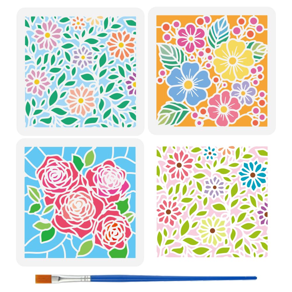FINGERINSPIRE 3Pcs Floral Stencil Art for Painting with Brush 15x15cm Floral Leaf Stencil Rose Vine Background Template Reusable Decorating Flower Background Stencils for Painting on Walls Crafts