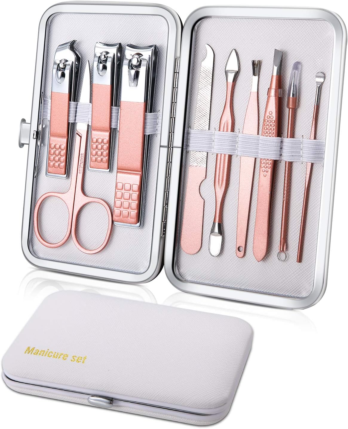 Manicure Set 10pcs Professional Nail Clippers Kit Pedicure Care Tools-Stainless Steel Grooming Tools for Travel (White)