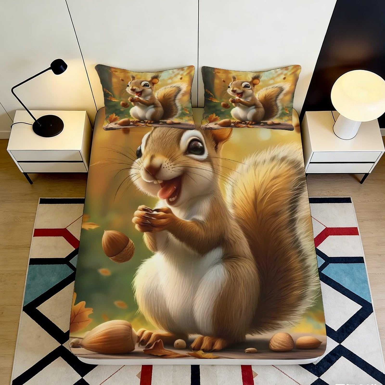3D Printed Cartoon Squirrel Fitted Sheet Microfiber Soft Anti-Slip Autumn Forest Mattress Cover Bedroom Decor 120x200x25cm