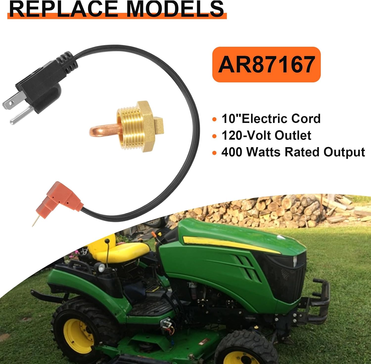 AR87167 Engine Block Coolant Heater Kit Fit for John Deere 1025R 110 2210 2305 4210 445 X495 XUV Gator 850D 855D 855M 865E Tractors, with AR8767 Heater Element & AR87168 Power Cord