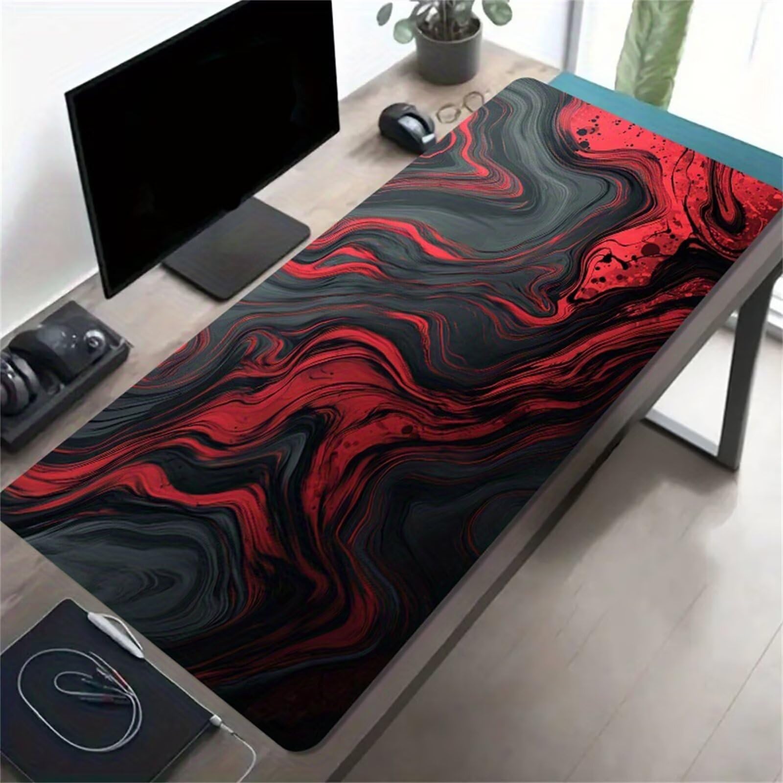 Alfombrilla de Ratón Gaming XXL 1000x500x3mm - Fluido Rojo Grisáceo - Alfombrilla Escritorio Grande con Base Antideslizante y Bordes Cosidos para PC, Oficina