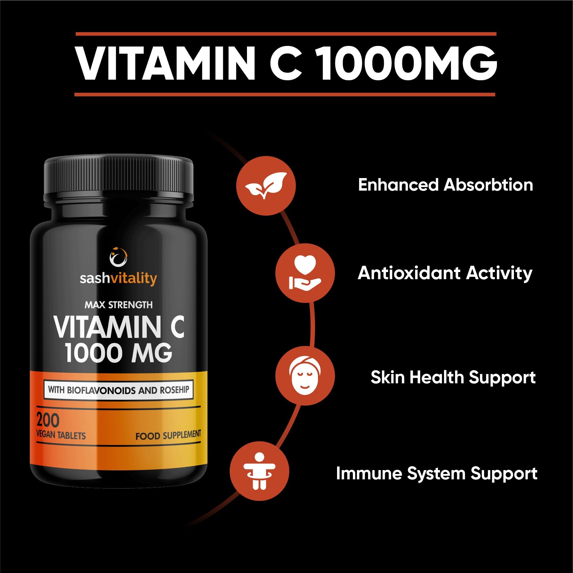 Vitamin C 1000mg - Pouches - Added Bioflavonoids & Rosehip - Supports The Immune System and Reduces Tiredness and Fatigue - UK Made Sash Vitality - Anti-Inflammatory - Allery Support