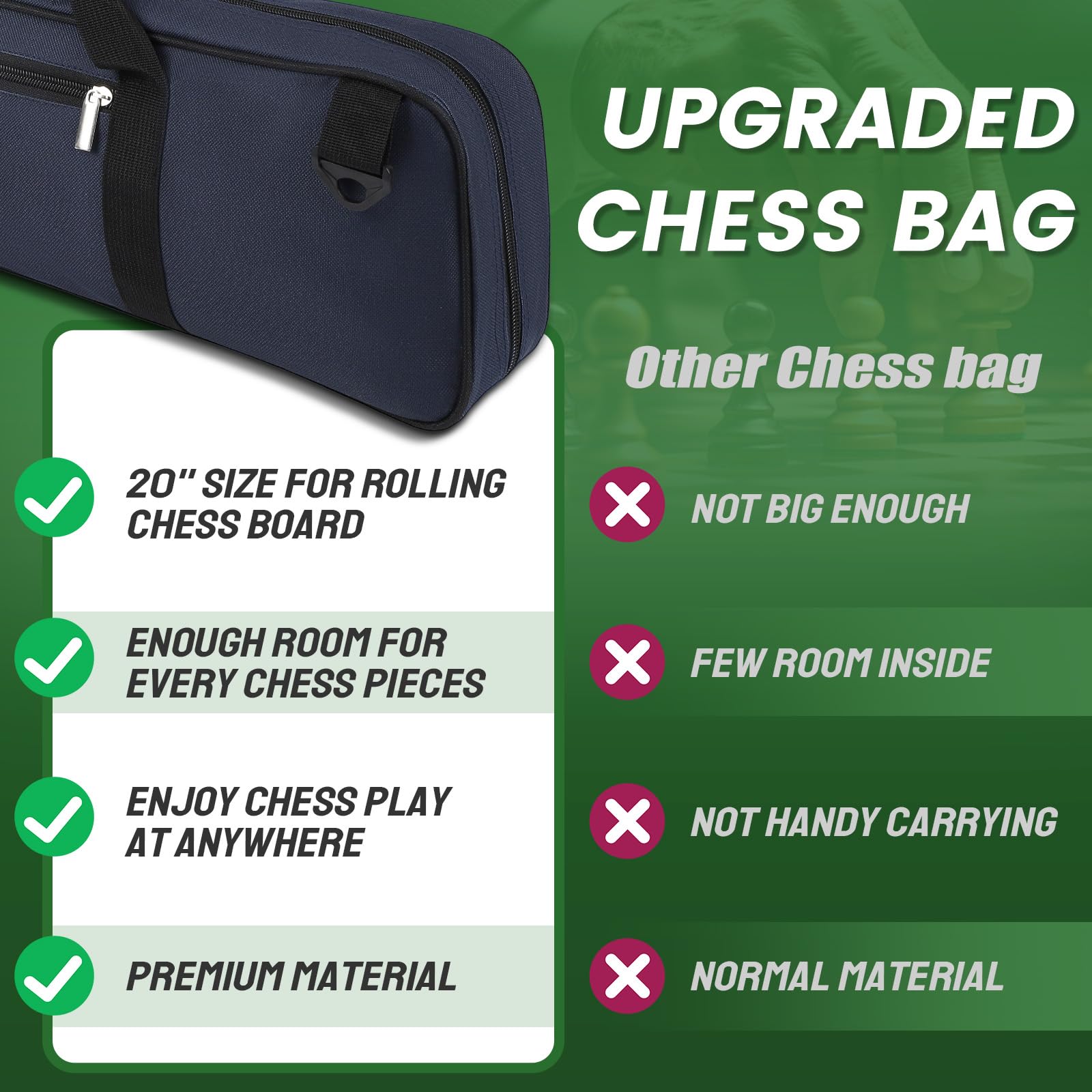 LEAP Sac d'échecs uniquement pour jeux d'échecs, sac de transport pratique avec quatre parties de rangement pour échiquier enroulable, pièces d'échecs, horloge d'échecs, en remplacement des jeux