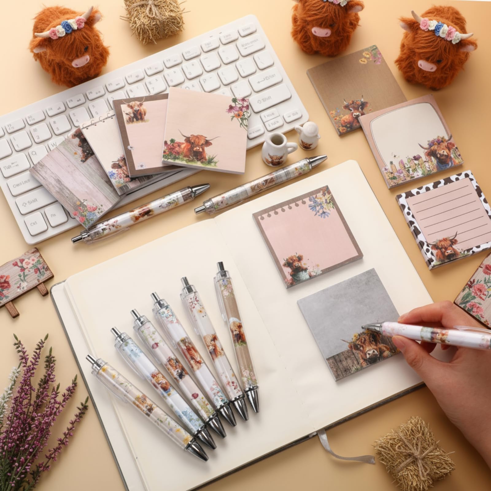 Akcesoria na biurko, 18 szt., krowa górska, 9 wkładek, urocze karteczki samoprzylepne, 9 długopisów kawaii, 9 x 7 cm, notatniki do materiałów biurowych, spotkań, uczniów, szkoły, dekoracja