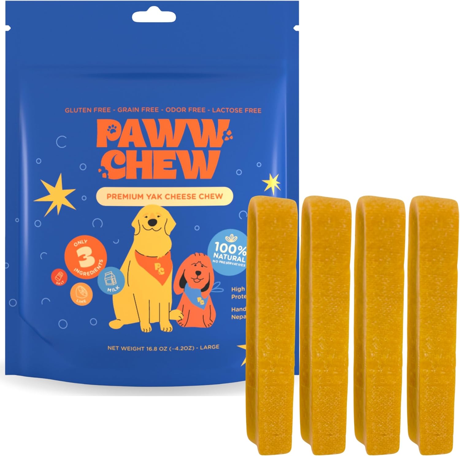 Paww Chew Yak Chews For Large Dogs - 100% Natural, Long Lasting Dog Treats, (Large - 4 Pack) High Protein, Great for Oral Health, Odor-Free, Gluten-Free, Limited Ingredients Yak Bone for Power-Chewers