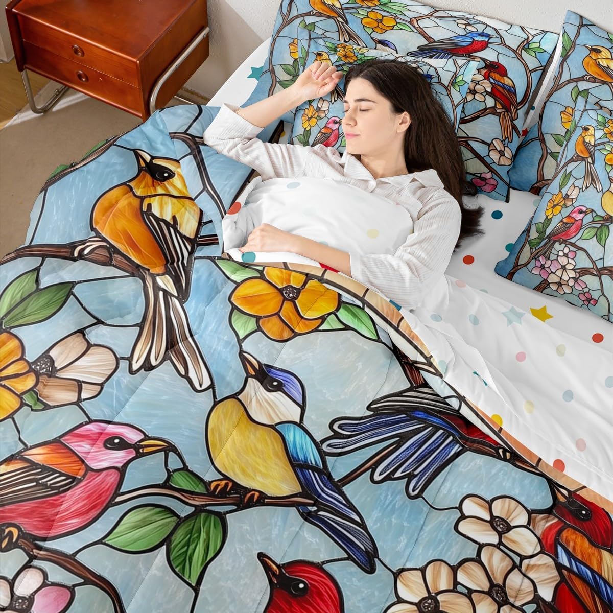 Manfei Retro Birds Full Size Comforter,Cardinal Hummingbird Animal Bedding Set 7 Piece,Stained Glass Flower Floral Decor for Boys Girls,Colorful(Fitted+Sheet+2 Pillowcases+2 Throw Pillow Covers) image 3