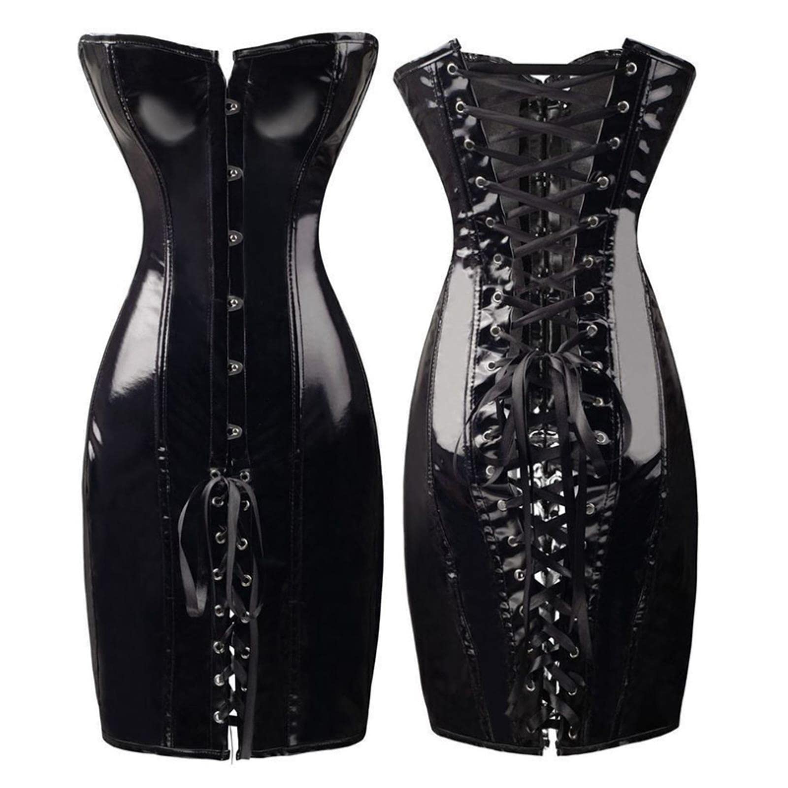 Gothic Womens Sexy Wetlook PVC Faux Leather Corset Dress Long Black Red Shape Body Slim Bustini Overbust Corsetti Catsuit in Lattice-Nero, XXL