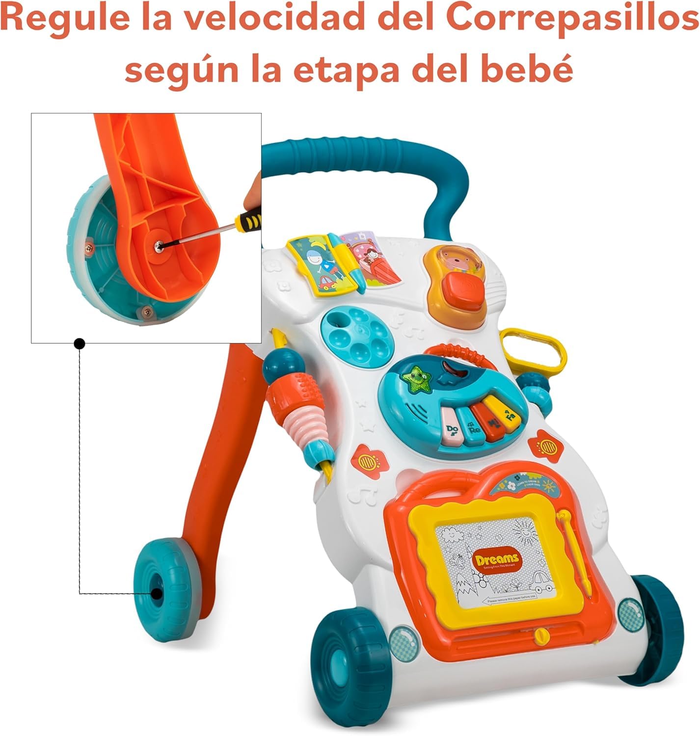 Correpasillos Bebé, Andador Bebé primeros pasos. Ruedas con velocidad regulable. Contiene instrumento musical, Pizarra y juguetes, a partir de 12M+ (BLANCO) — view 4