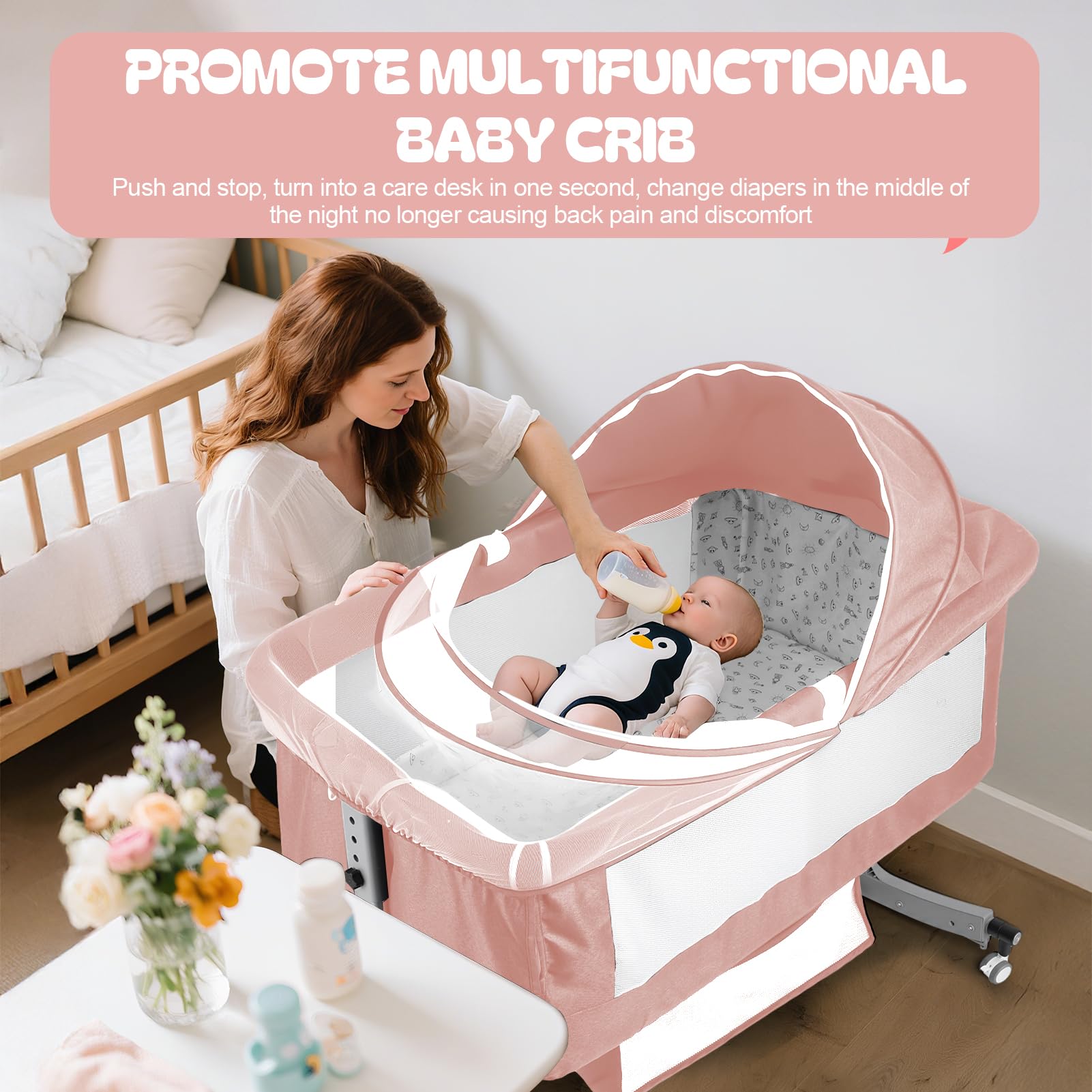 Lit bébé 4 en 1 Cododo réglable Hauteur Berceau Bascule avec Table à Langer Moustiquaire Rangement Rose