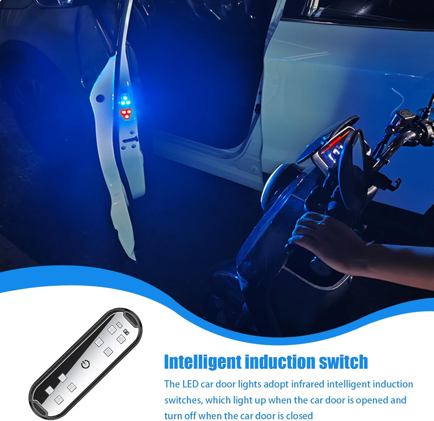 The Povanjer LED Car Door Sill Welcome Light installed on a car door, illuminating the ground with blue light.