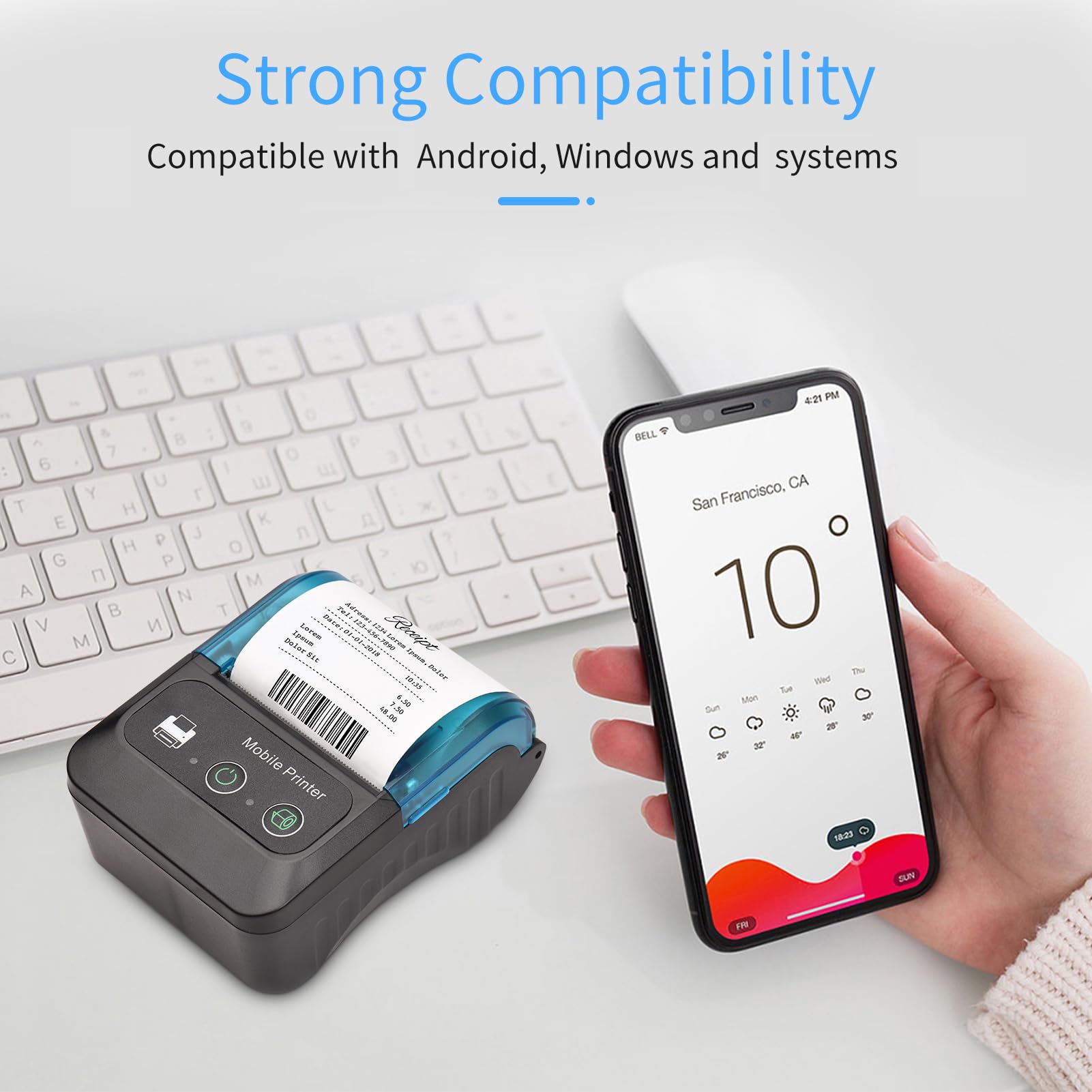 Stampante termica per ricevute portatile 58 mm Mini stampante tascabile portatile 2 pollici con 11 rotoli di carta termica Connessione USB e wireless BT compatibile con Android