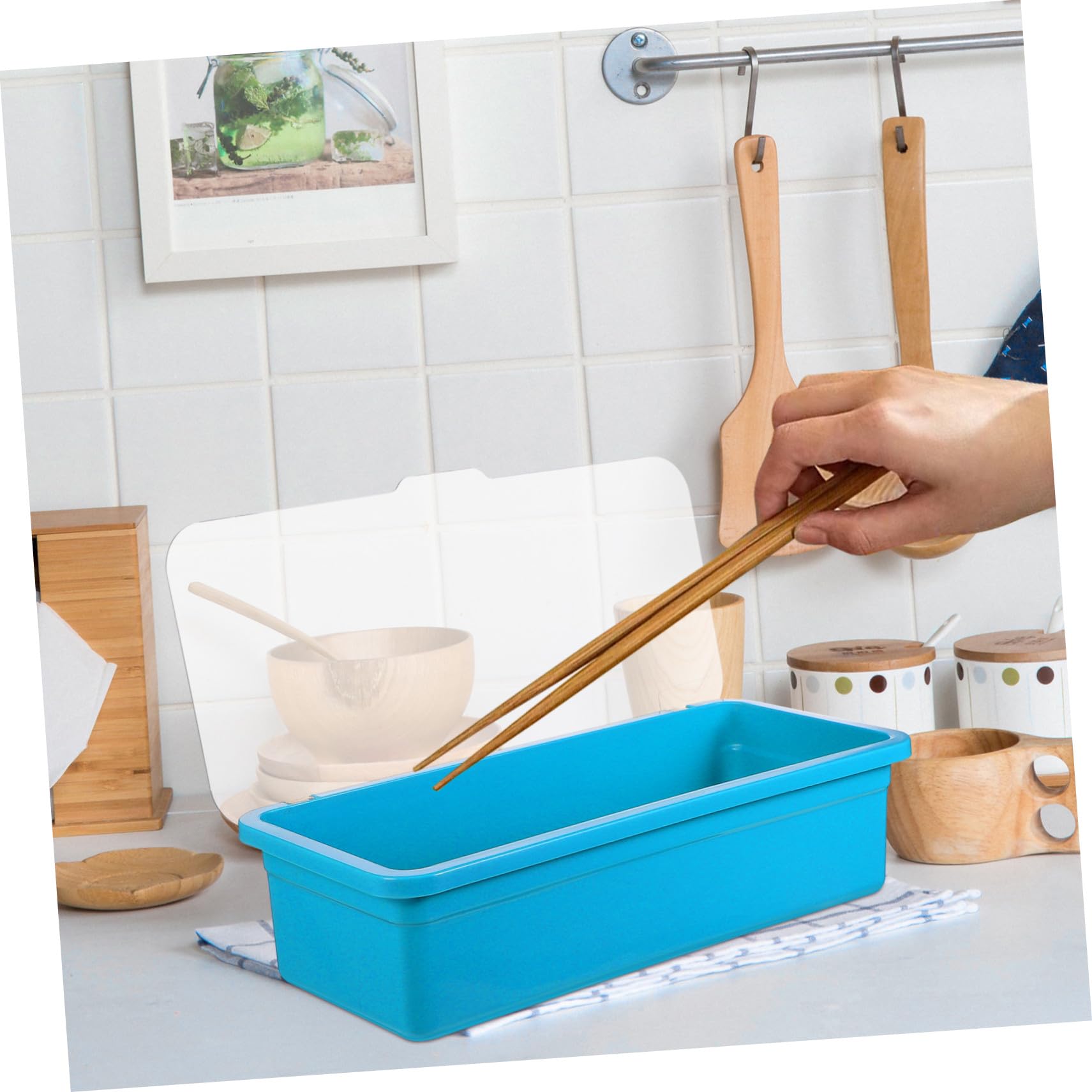 2 Piezas Organizador de Cubiertos con Tapa Bandeja Plástica para Utensilios Caja de Almacenamiento para Cocina de Azul con Drenaje para Secos los Cubiertos