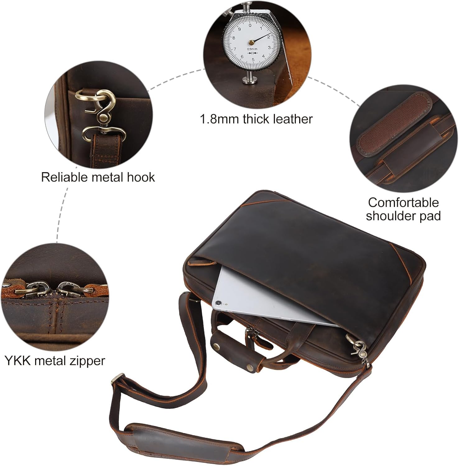 Leather Slim Briefcase for Men 15.6" Laptop Crossbody Messenger Bag Business Work Lawyer Attache Case - Image 6