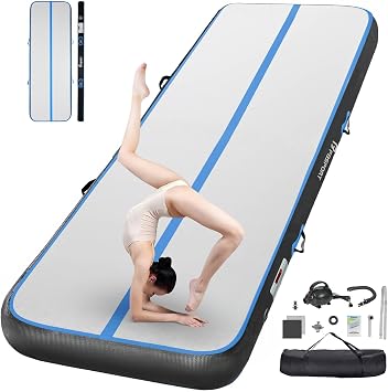 FBSPORT 10ft Inflatable Air Gymnastics Mat Training Mats Black Blue 300x100x10cm