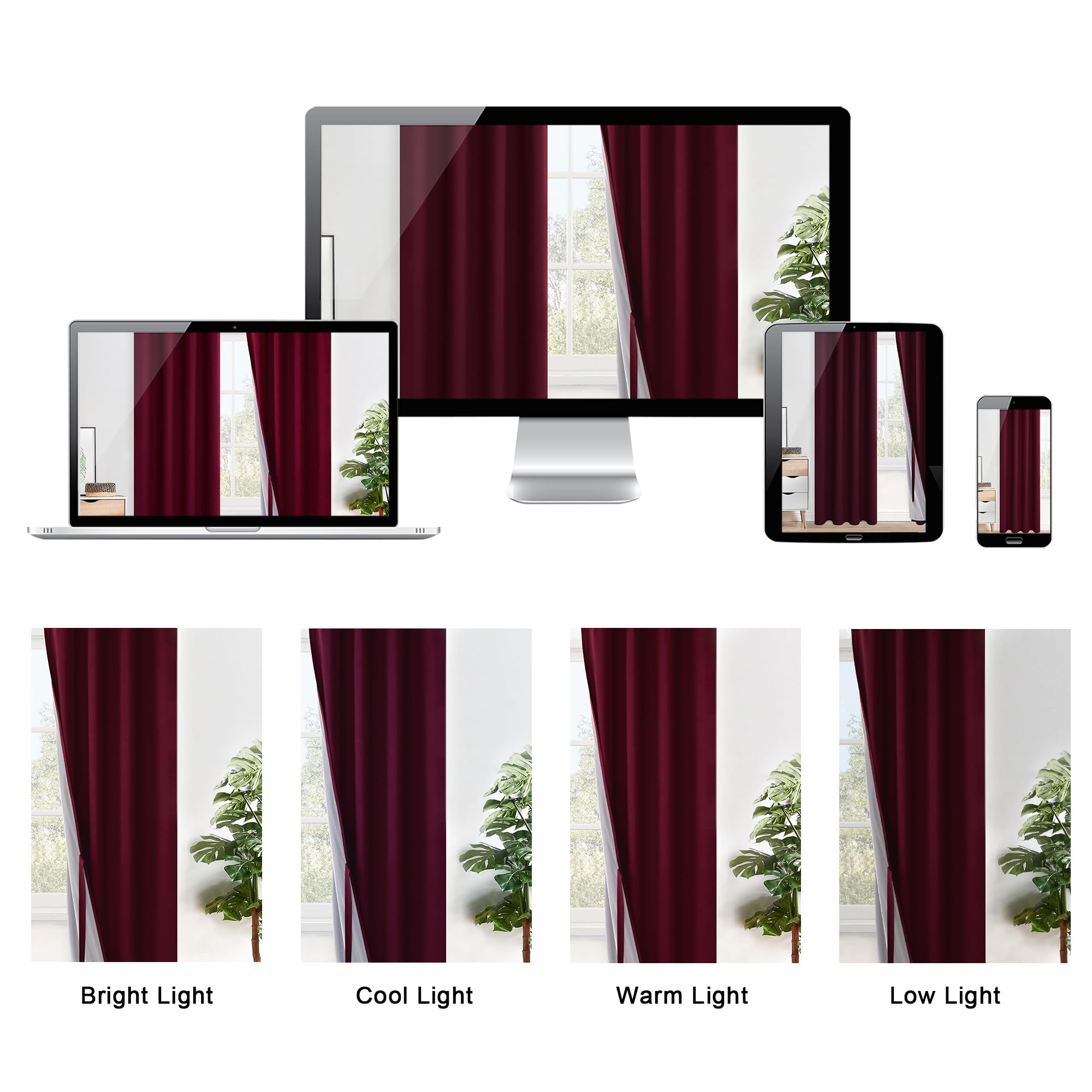 XWZO 100% Verdunkelungsvorhänge, wärmeisoliert und geräuschreduzierend, schwarzer Innenring, Fensterbehandlung, genäht mit Raffhaltern für Schlafzimmer/Wohnzimmer, Burgunderrot, B 42 x L 45, 2 Stück