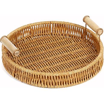 Rattan Round Serving Tray with Handles - Handmade Decorative Rattan Tray Storage Plates Perfect for Breakfast Drinks Snacks Candles Bread Candle Fruits - 22 cm Diameter