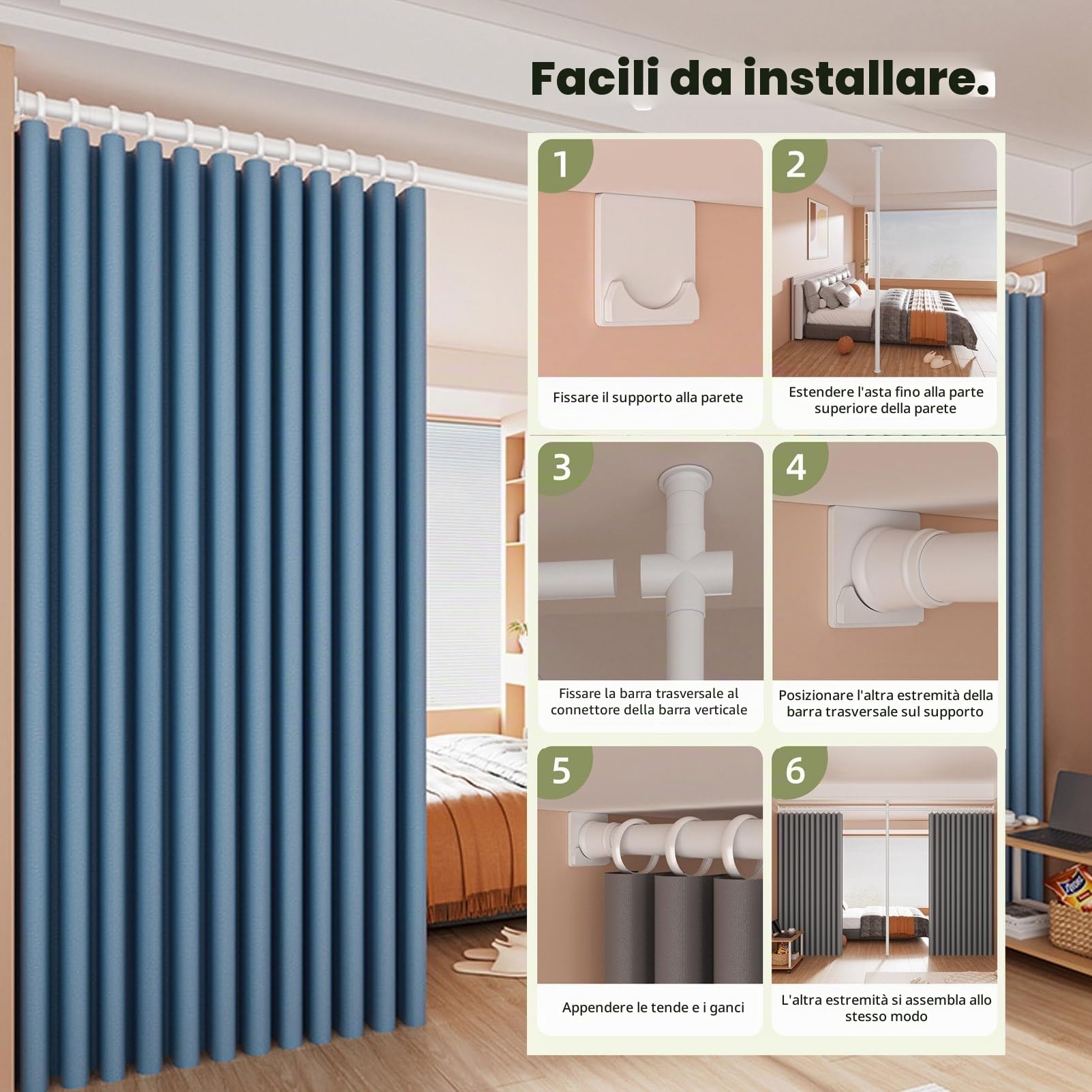 Tenda divisoria senza trapano, isolamento termico, oscurante, regolabile, per separare gli spazi. Divisori perfetti per dividere le stanze senza sforzo