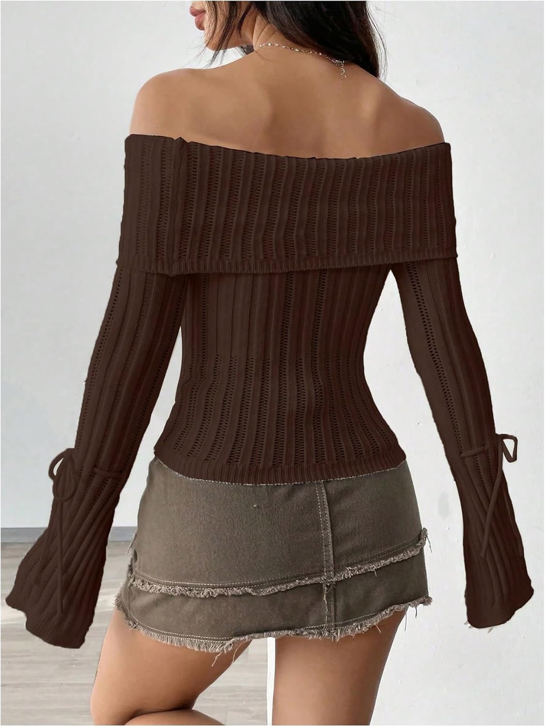 SweatyRocks Women's Off Shoulder Sweater Bell Long Sleeve Flared Bow Tie Slim Fit Knit Tops - Image 2