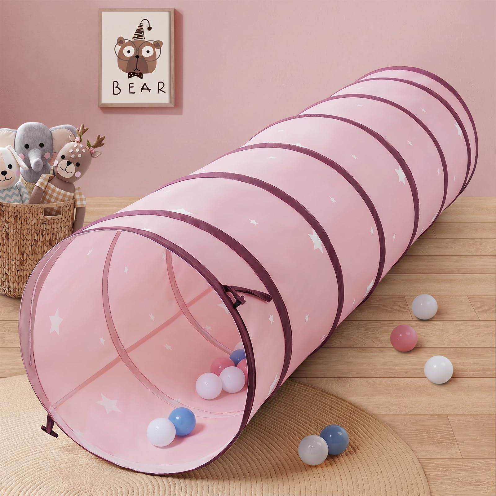 Pop Up Play Tunnel for Kids: Peach Skin Fabric Foldable Crawling Baby Tunnel Tent - Indoor Outdoor Toddlers Collapsible Toys Christmas Birthday Gift for Boys Girls 175×46cm (Pink Star)