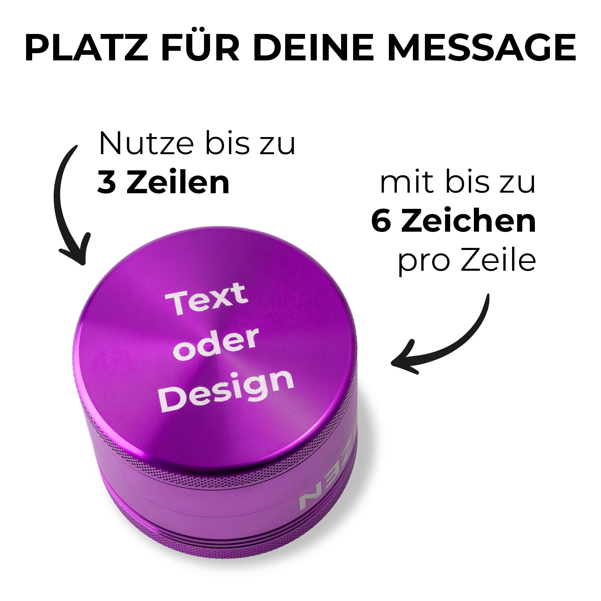 HIZEN Molinillo de aluminio XXL de 63 mm de diámetro, personalizable, 4 piezas, juego de trituradoras para hierbas secas, polen, flores, especias con compartimento para polen y raspador