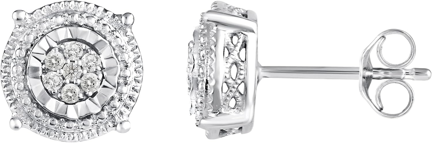 1/10 Carat Cttw Round Cut Diamond Stud Earrings for Women Girls sets in Rhodium Plated 925 Sterling Silver, Halo, Pave, Fashion Hypoallergenic Jewelry