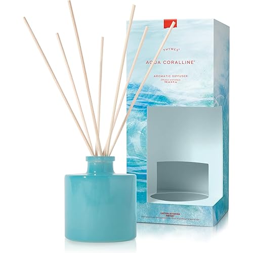 Thymes Petite Reed Diffuser Set – Includes Rattan Wood Sticks, Fragrance Oil, & Glass Bottle – Home Fragrance Oil Diffuser – Luxury Home Decor – Apartment Essentials (Aqua Coralline, 4 fl oz)