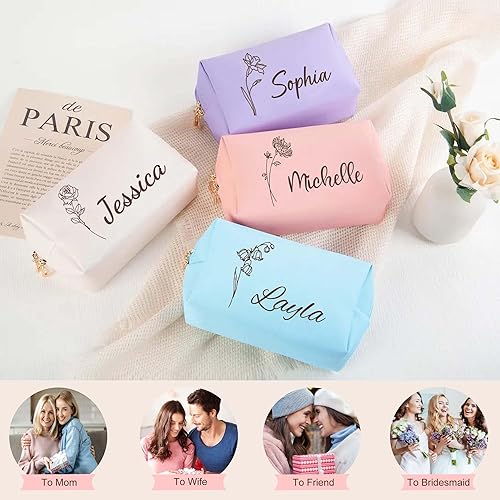 Miniatura 6 de Bolsa de maquillaje personalizada con nombre y flor de nacimiento, bolsas de cosméticos de cuero personalizadas para mujeres, bolsa de aseo de viaje