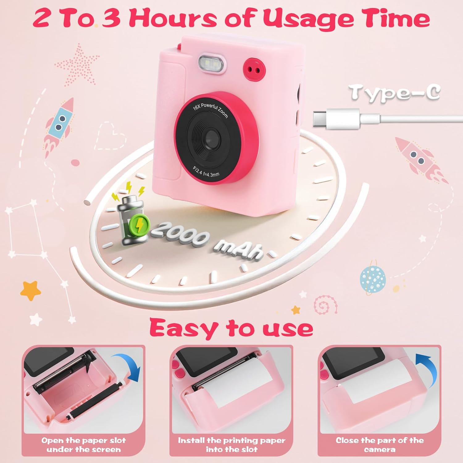 Kids Camera Instant Print, 1080P HD Dual-Lens Selfie Digital Camera with 5 Printing Paper Rolls & 32G TF Card, for Children, Portable Toddler Toy for Age 3-12 Boys & Girls (Pink)