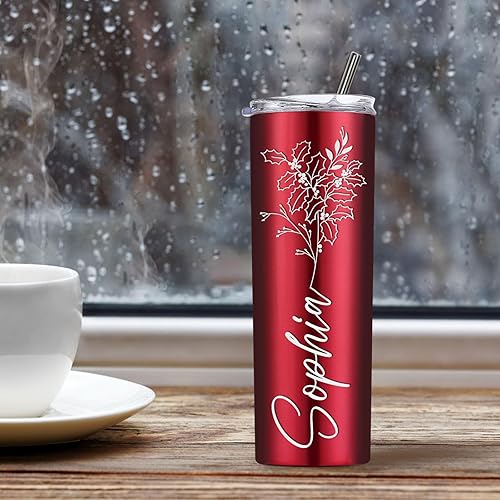 Miniatura 7 de Vasos personalizados con nombre, flor de nacimiento, vaso con aislamiento personalizado, grabado personalizado, cumpleaños, Navidad, dama de honor,