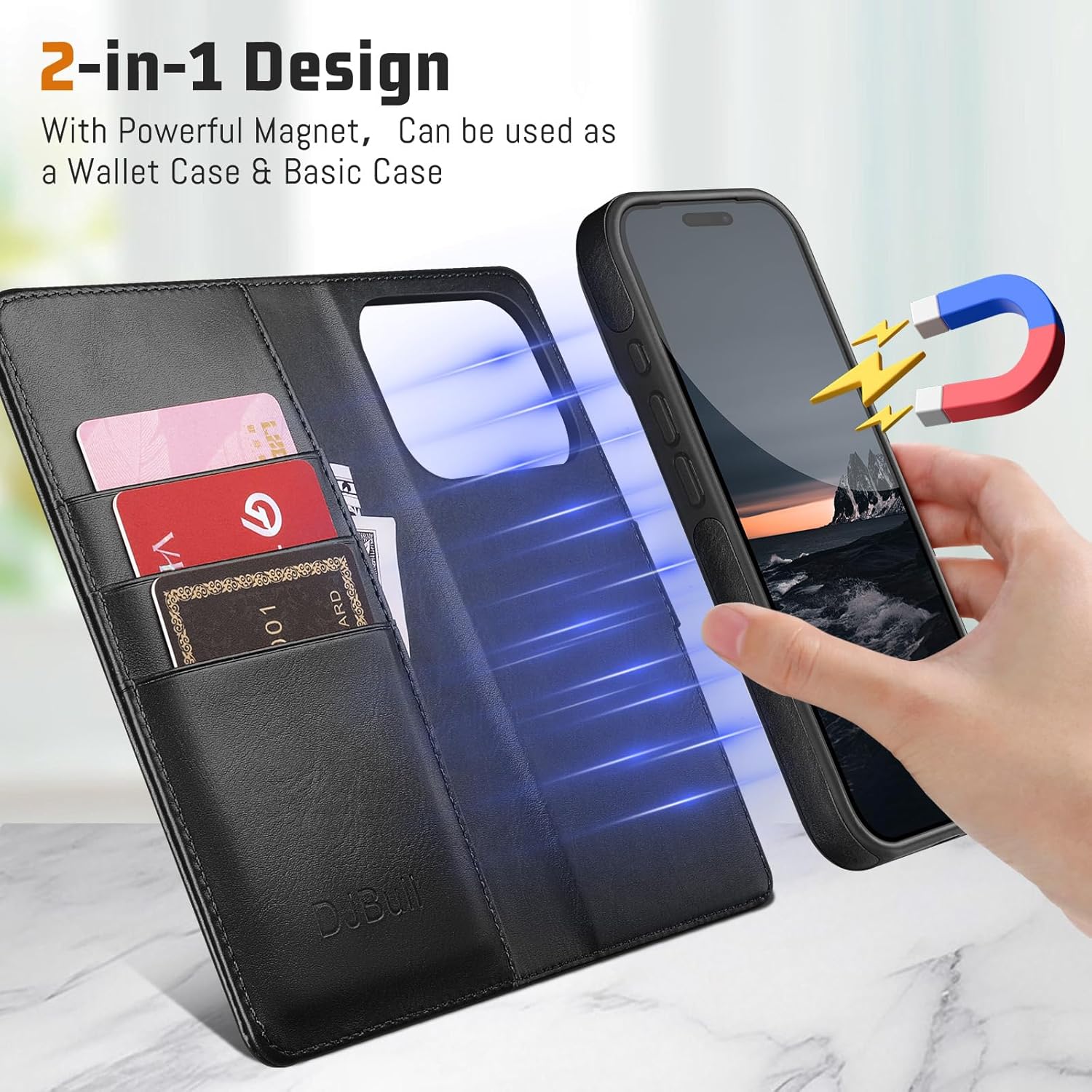 DJBull 2-in-1 Detachable Wallet Case for iPhone 17 Pro Max 6.9" RFID Blocking Flip Folio with Card Holder | PU Leather Shockproof Protective Cover Women Men for Apple 17 Pro Max Phone Case Black