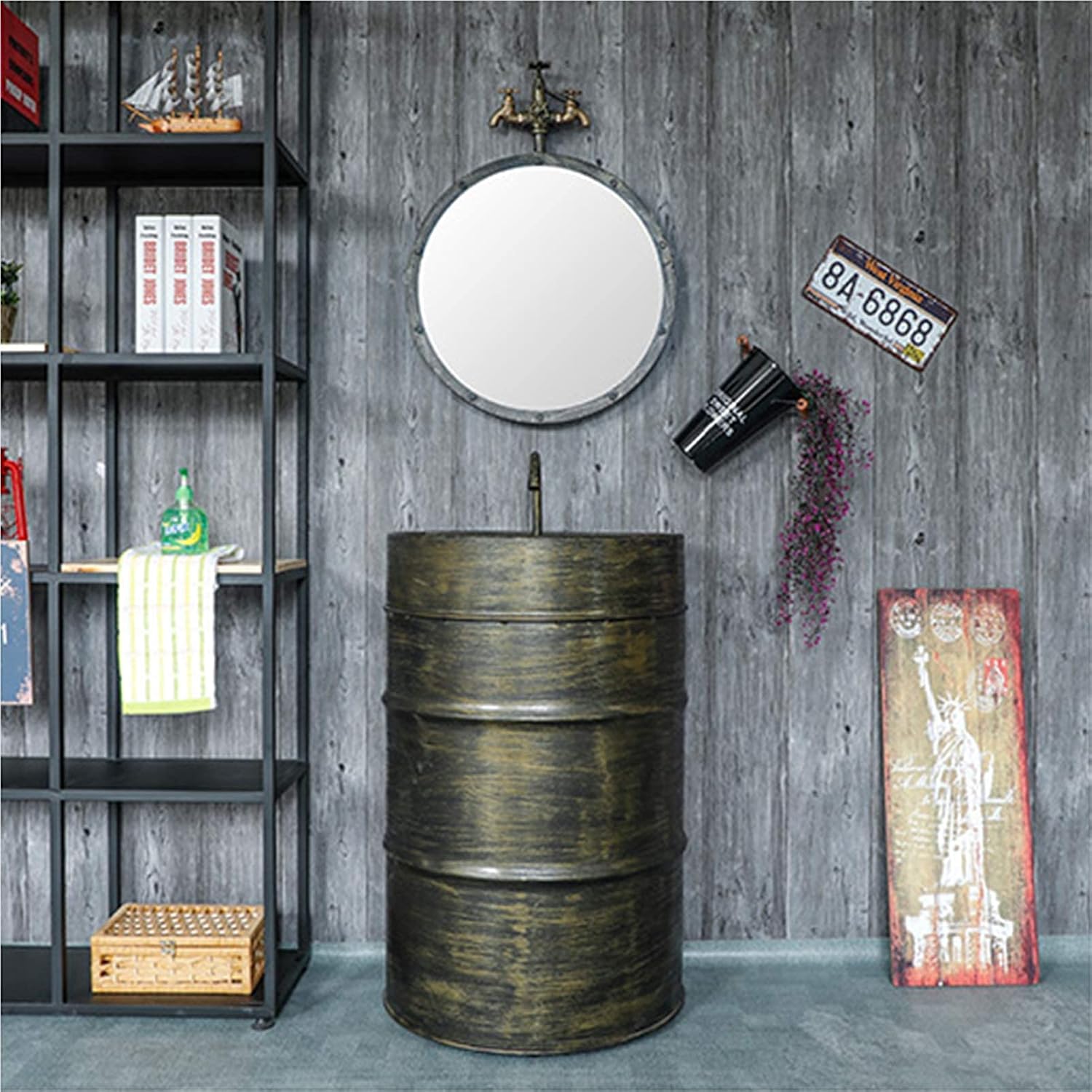 Small Apartment Iron Barrel Bathroom Sink Floor-Standing One Piece Pedestal Sink Modern Simplicity for Washing Room Basement Garage Or Shop E 56x42x90cm (B 56x42x90cm)