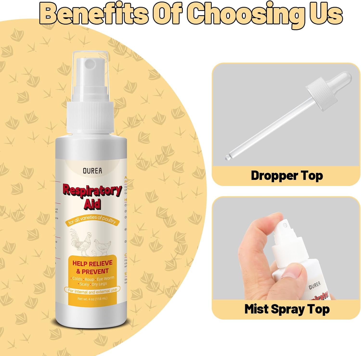 Respiratory Aid for Poultry, 4Oz Chicken Supplement for Sneezing, Coughing & Nasal Relief, Safe for All Birds, Dropper and Spray Top Included, Drinking Water Additive, Natural Liquid Formula